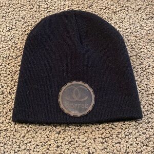 NWOT Inspired Leather Patch Knit Black Beanie with Rhinestone Heart
